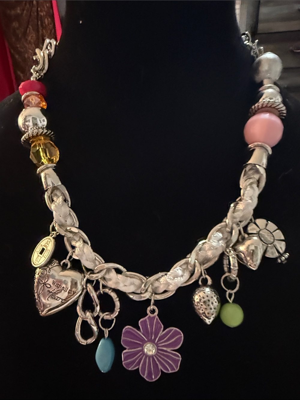 New Women’s 14” Silver Charm Necklace with strawberry, Chinese token, flower +